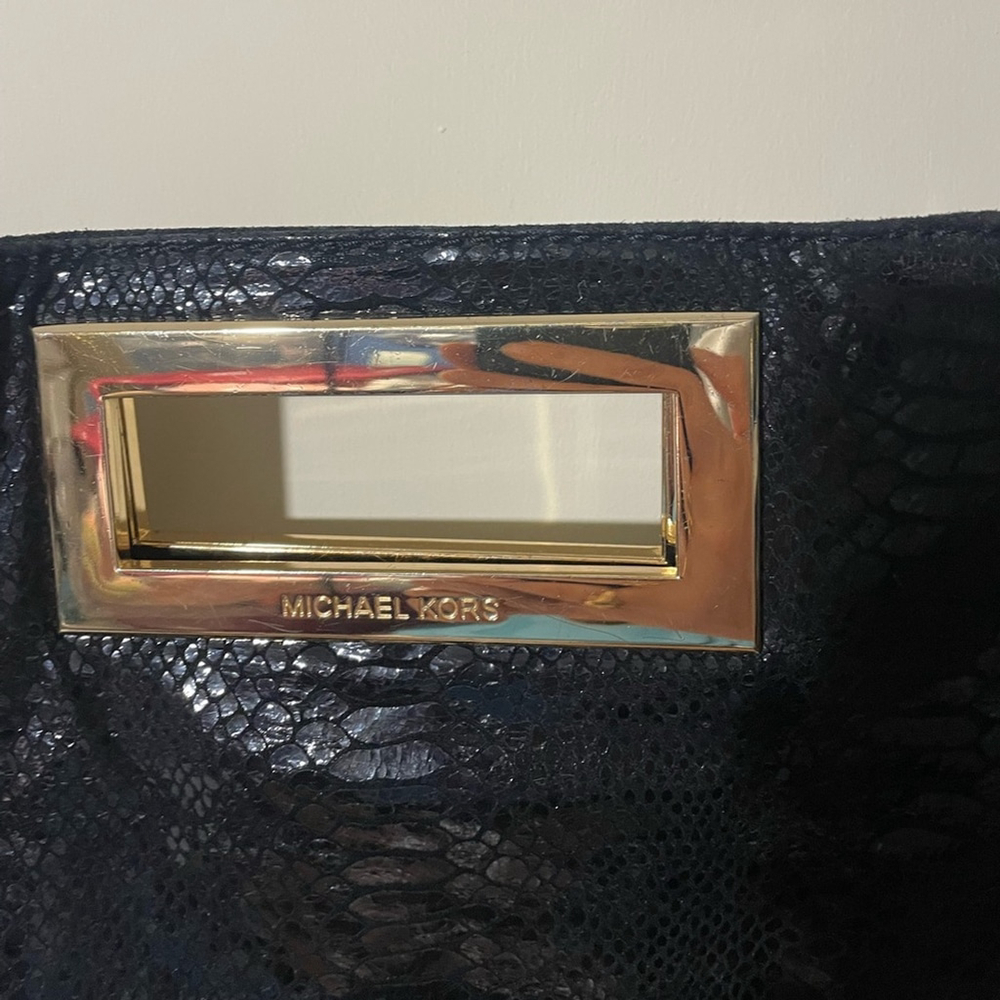 Michael Kors Black Snake-Embossed Leather Shoulder Bag Gold Evening Crossbody - Picture 3 of 8